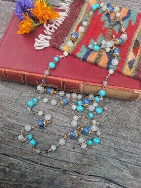 Gold-Tone Turquoise Blue Beaded Strand Necklace